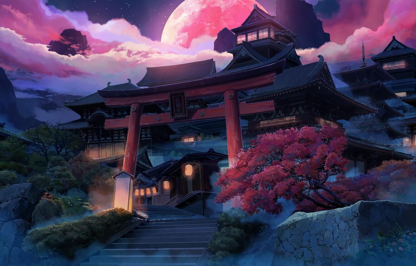 A moonlit temple framed by mountain silhouettes and flowering trees